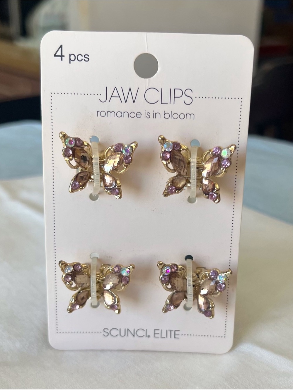 New Elite Butterfly Mini Jaw Clips Gold Rhinestone Hair Claw 4 Pc Glam